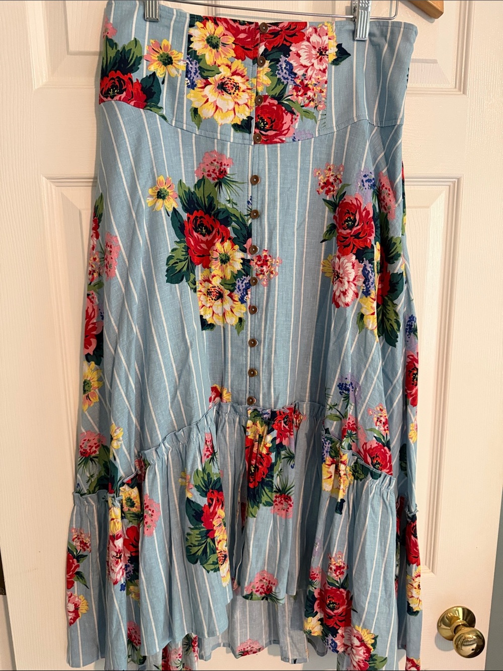 Maeve by Anthropologie Floral Button-Front Light Blue Maxi Skirt